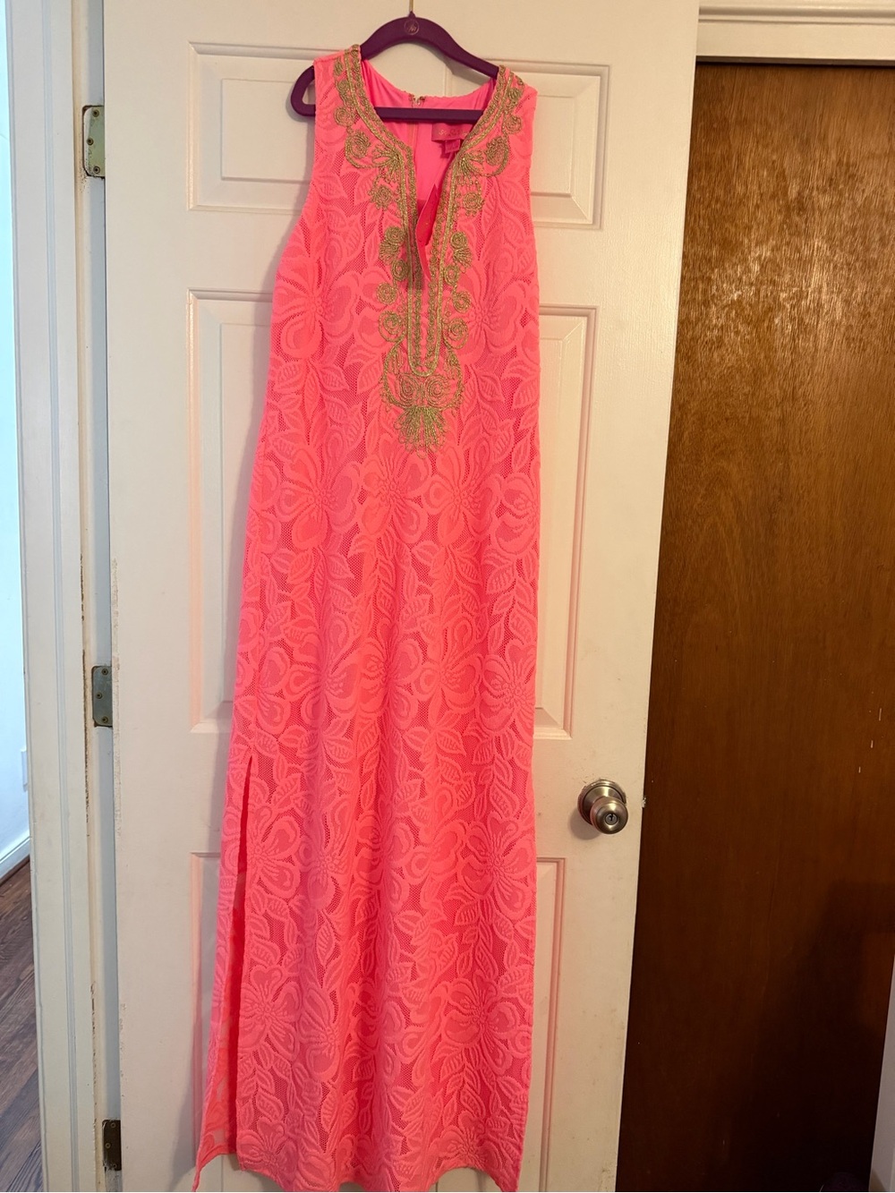 Lilly Pulitzer Neon Pink Maxi Dress with Gold Embellished Neckline
